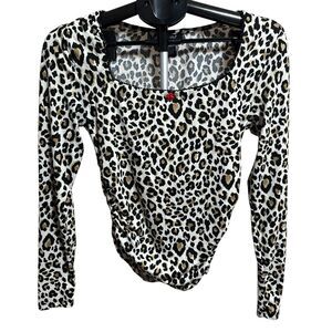 Just Polly‎ Juniors' Leopard Print Long Sleeve Ribbed Top Lace Trim XL Y2K 90s